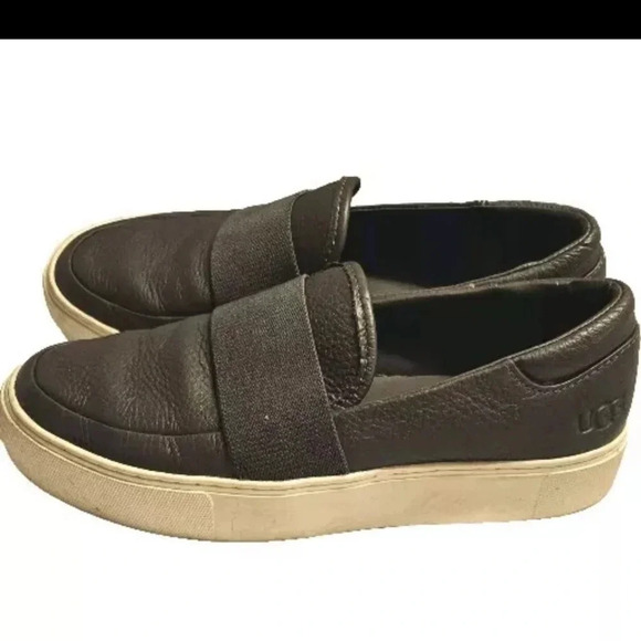 UGG Womens Comfort Loafers Size 7 Grey Leather White Sole Slip on Elastic Strap - Picture 2 of 7